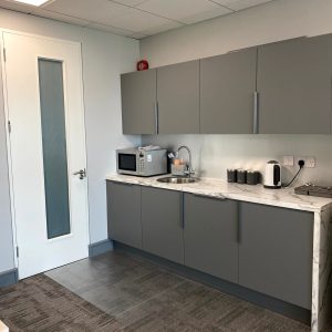 Modern shared kitchenette in Dublin business centre.